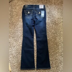 True Religion Women's Dark Blue Flare Jeans with Contrast Stitching